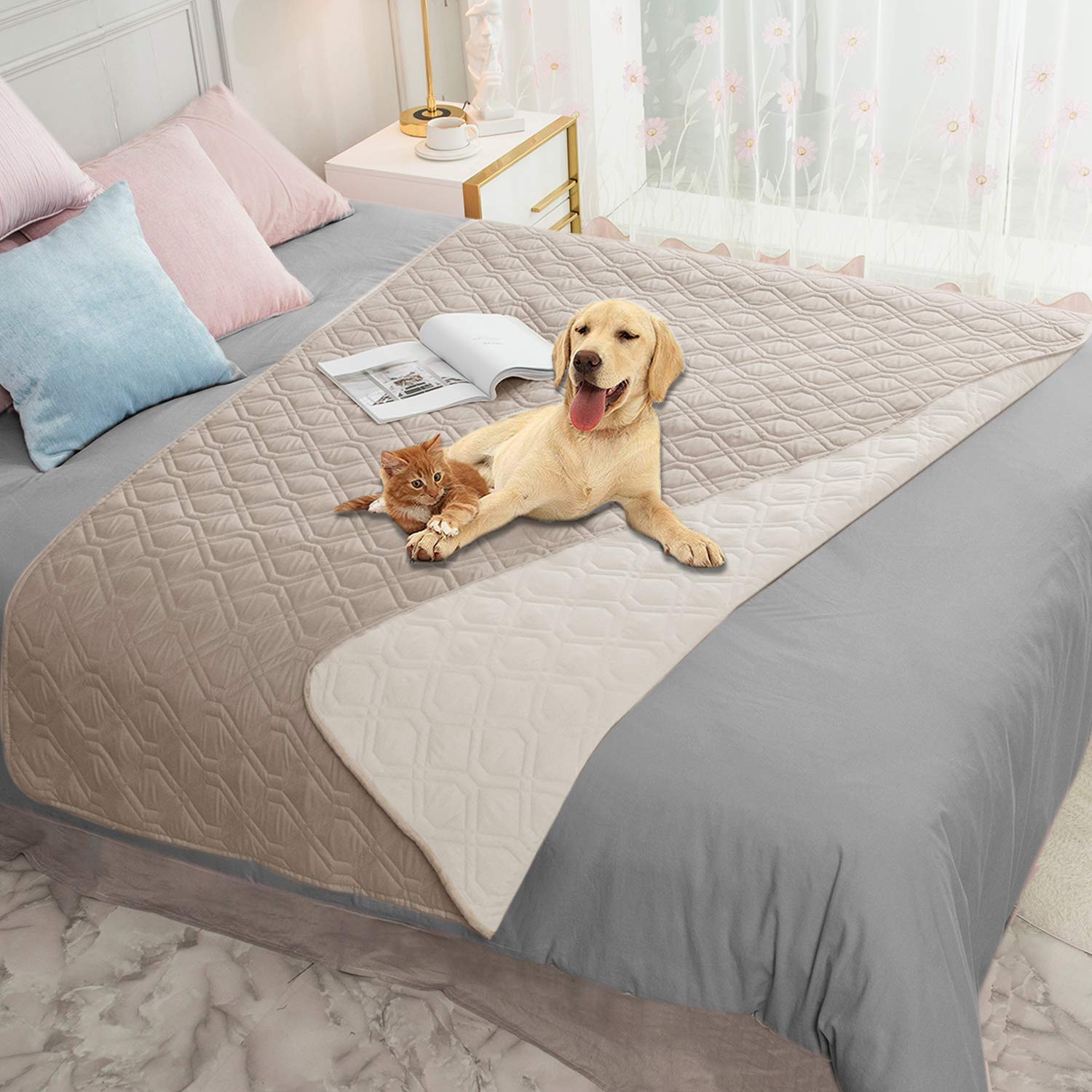 Ameritex waterproof dog bed cover folded on chair protecting furniture from spills