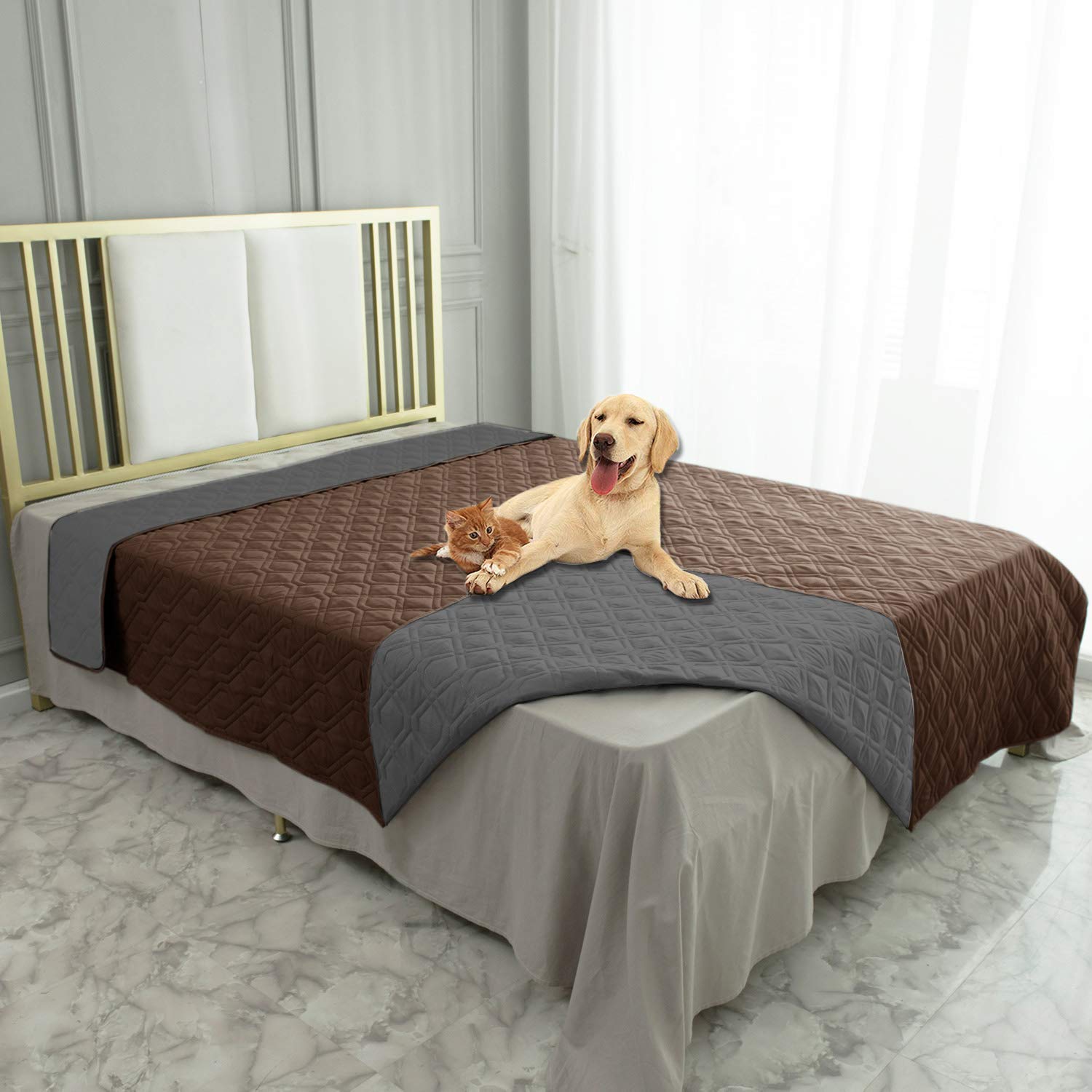 Ameritex waterproof dog bed cover folded shows dual colors for furniture protection.