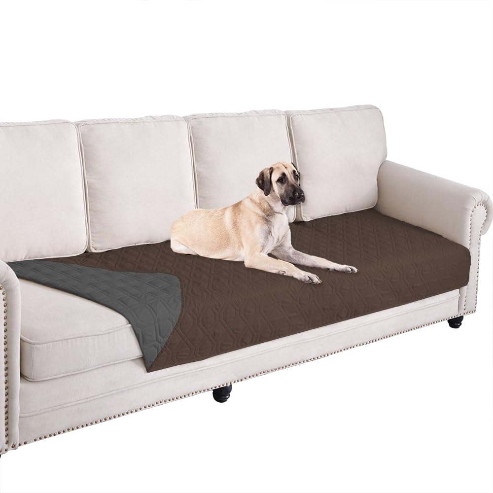 Ameritex waterproof dog bed cover on a sofa protects against spills and paws.