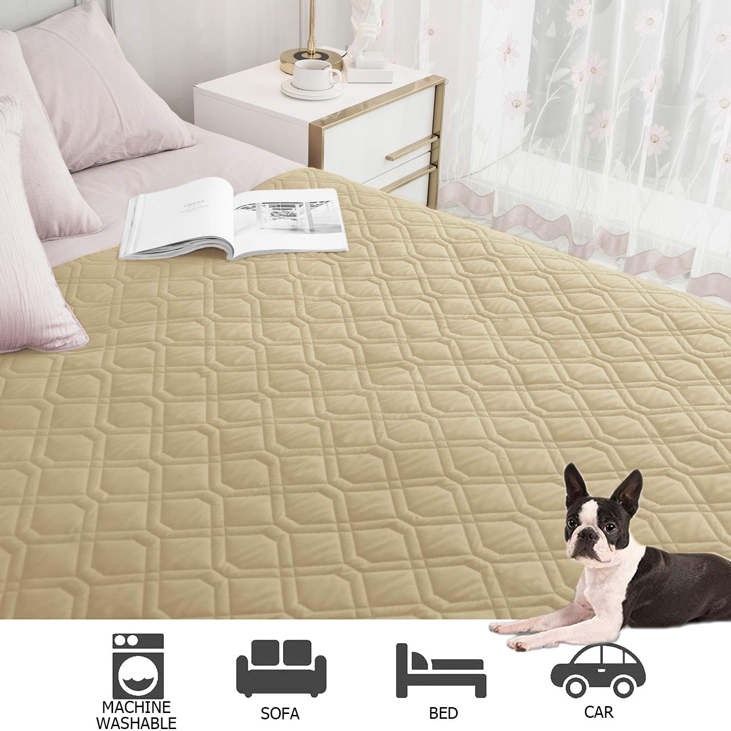 Ameritex waterproof dog bed cover on sofa demonstrates easy integration into living spaces