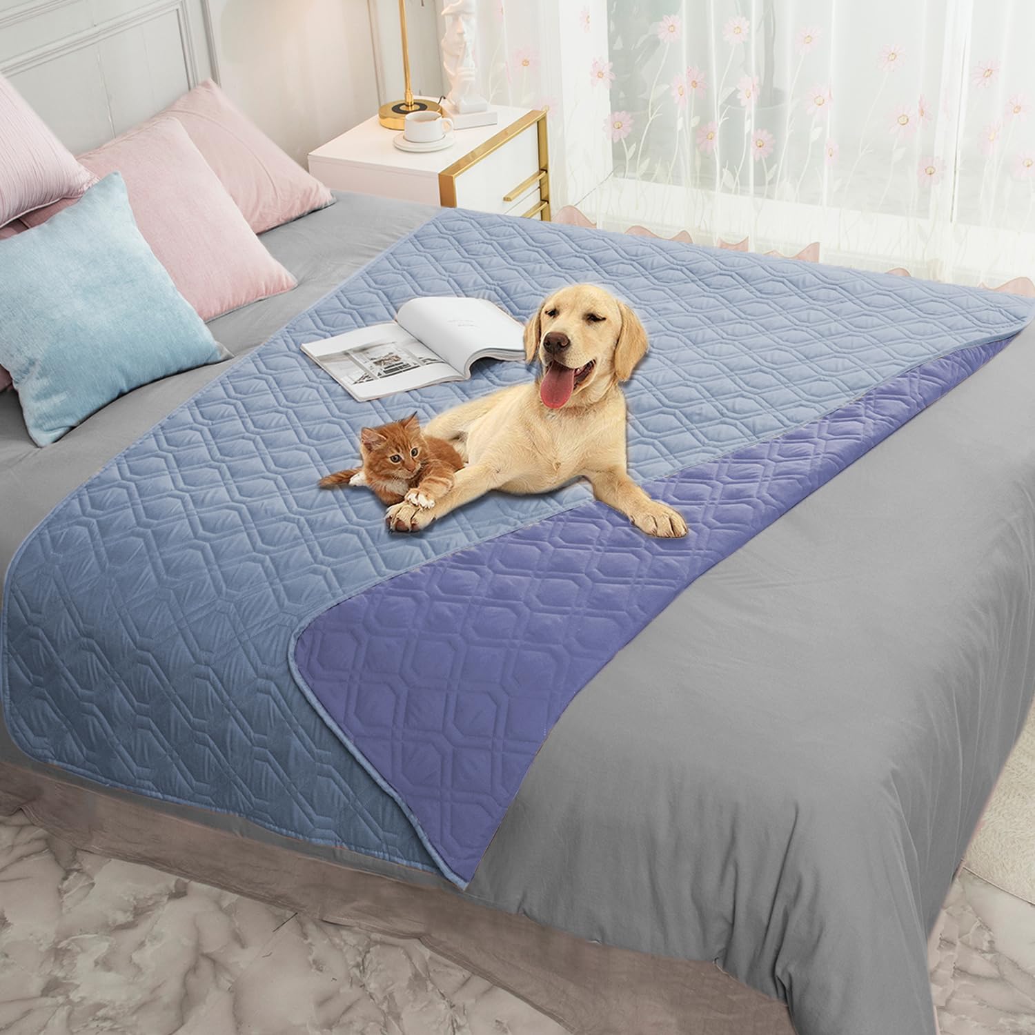 Ameritex waterproof dog bed cover on a sofa protects furniture from spills and accidents.