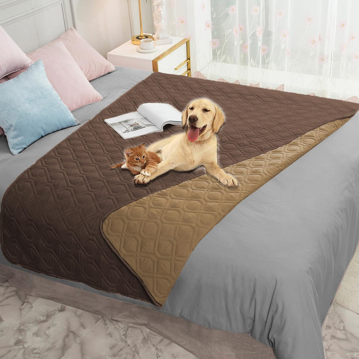 Ameritex waterproof dog bed cover on sofa showing protective layer against spills