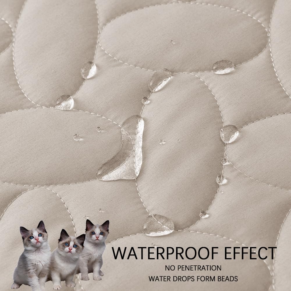 Ameritex Khaki cover on sofa protects furniture while blending with decor.