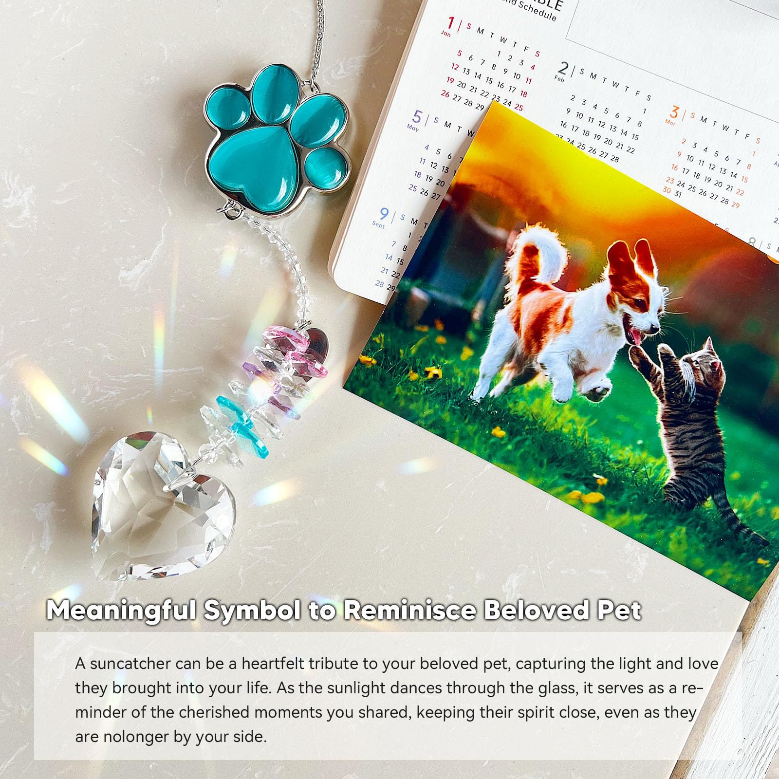 AMETHUARTZ pet memorial suncatcher diamond-prisms scatter light with colorful memorial moments.