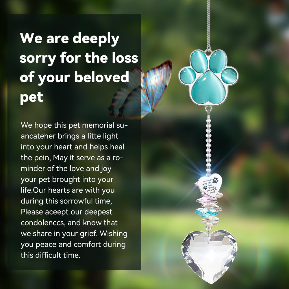 AMETHUARTZ pet memorial suncatcher peacock-blue glow brings comforting ambience.