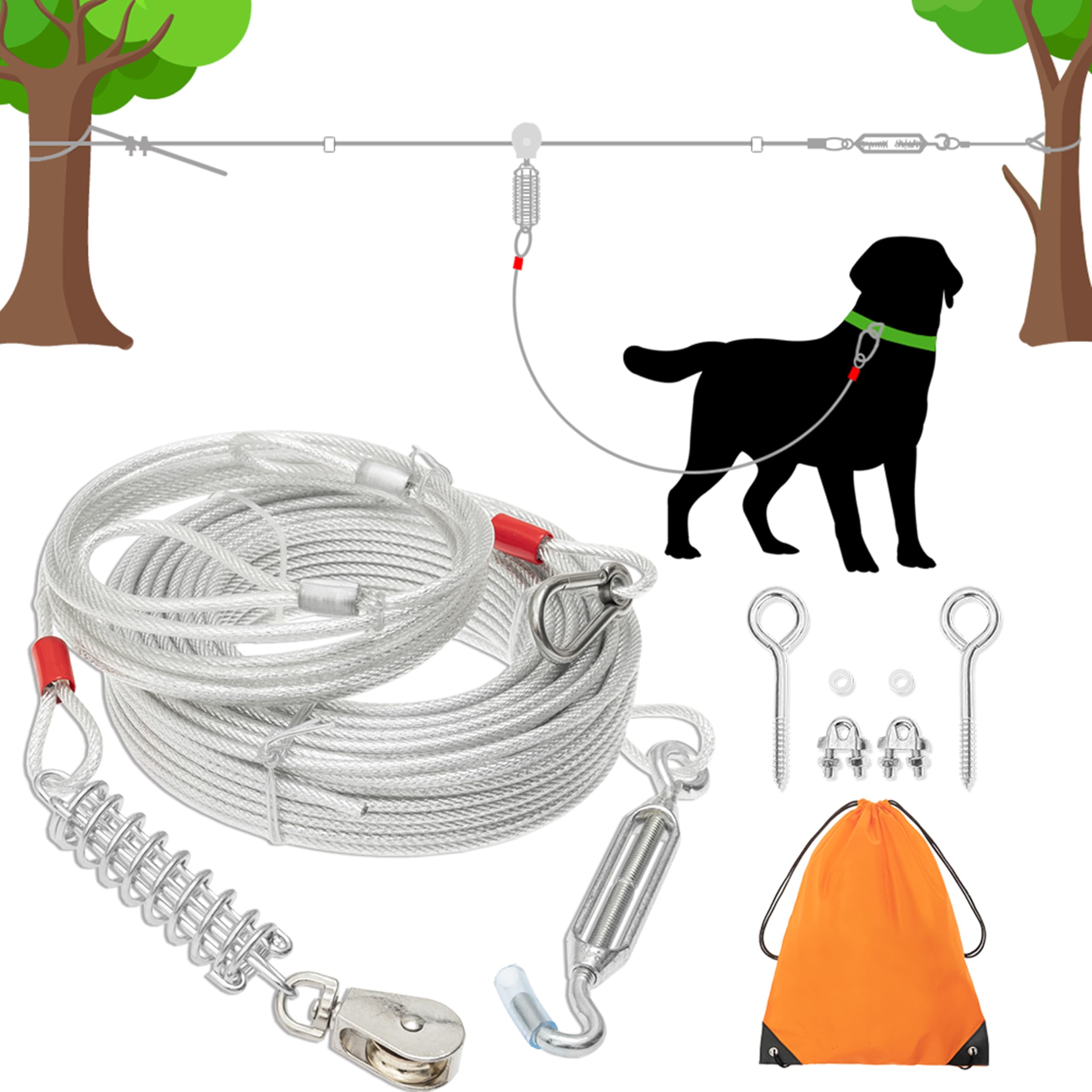 AMFOSNEL 100ft dog tie-out cable in silver provides durable outdoor freedom.