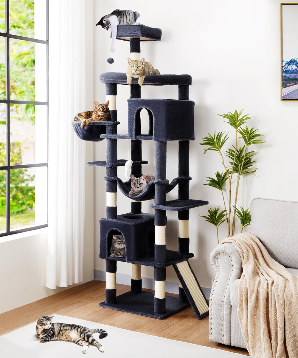 AMHANCIBLE heavy-duty cat tree 83-inch assembly highlights sturdy structure and tall climbing space.