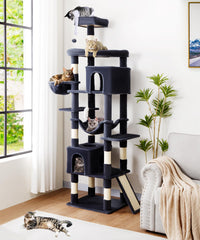 AMHANCIBLE heavy-duty cat tree 83-inch assembly highlights sturdy structure and tall climbing space.