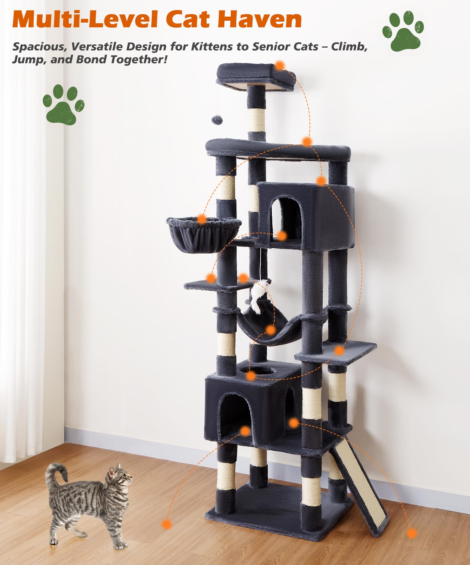 AMHANCIBLE base stability image emphasizes wobble-free safety for energetic felines.