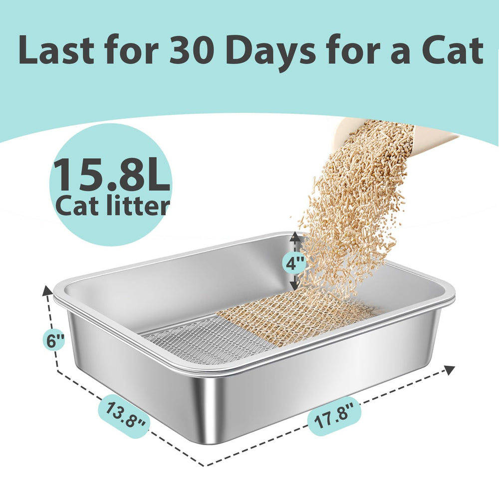 Amibud large litter box fits roomy spaces with dimensions 17.72 by 13.78 by 6 inches.
