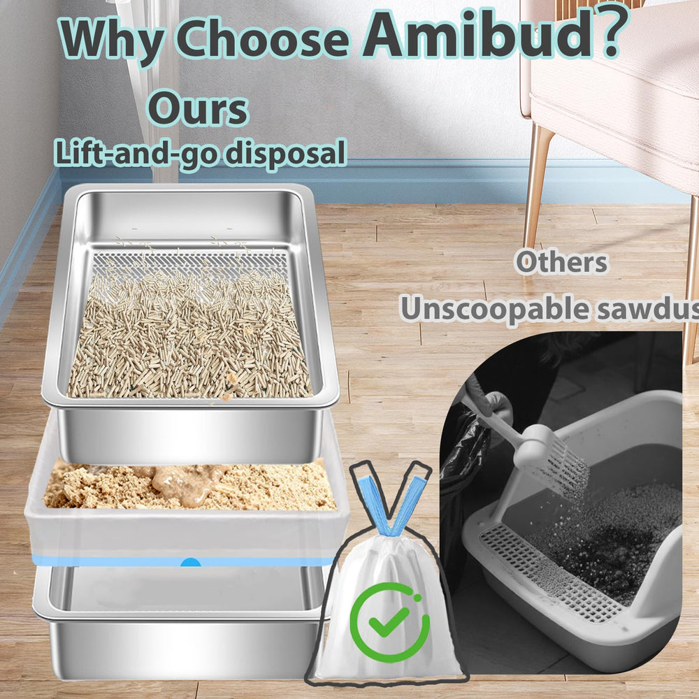Amibud sifting mechanism helps easily separate clean litter from clumps to reduce waste.