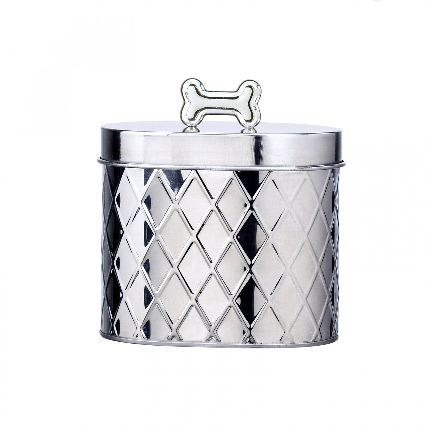 Amici Pet Chance oval metal treat canister with diamond texture for organized storage.