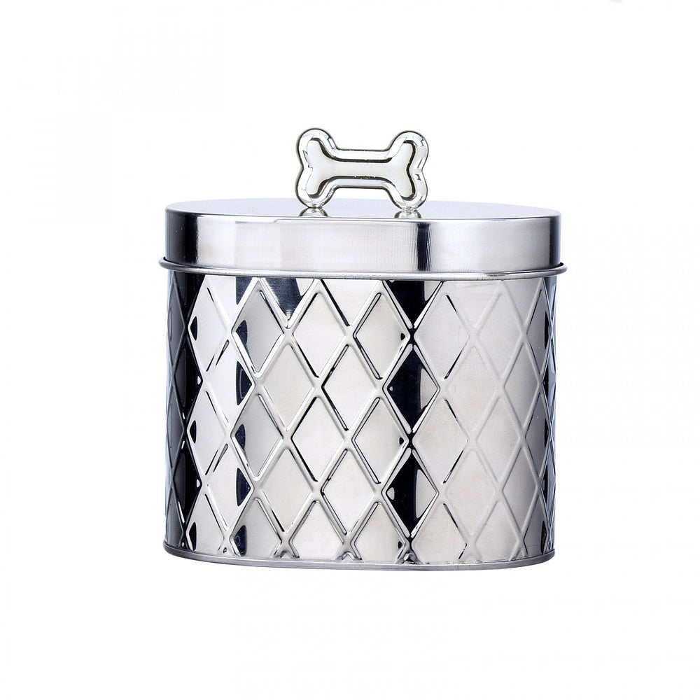 Amici Pet Chance oval metal treat canister with diamond texture for organized storage.
