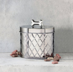 Amici Pet Chance oval metal canister showing the silver bone knob for easy lid access and style.