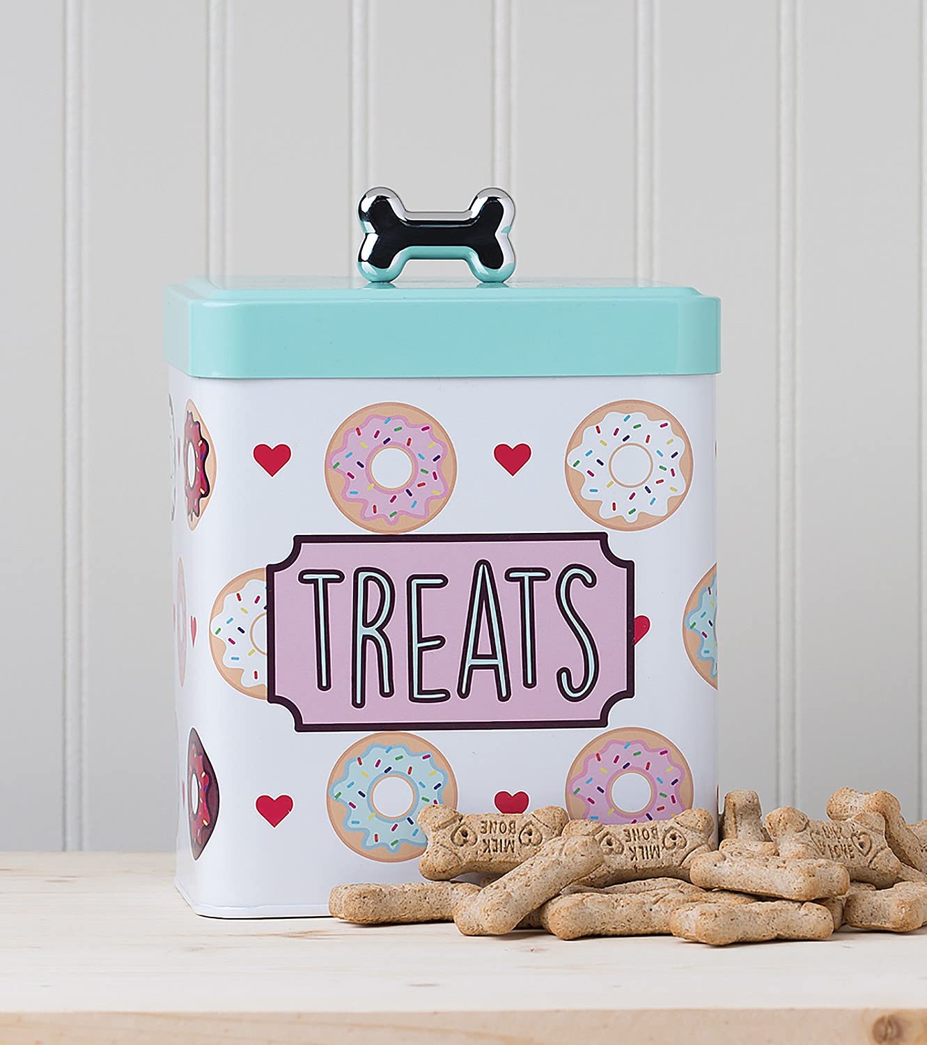 Amici Pet Barkers Dozen canister features push-top lid and bone-shaped knob for easy access
