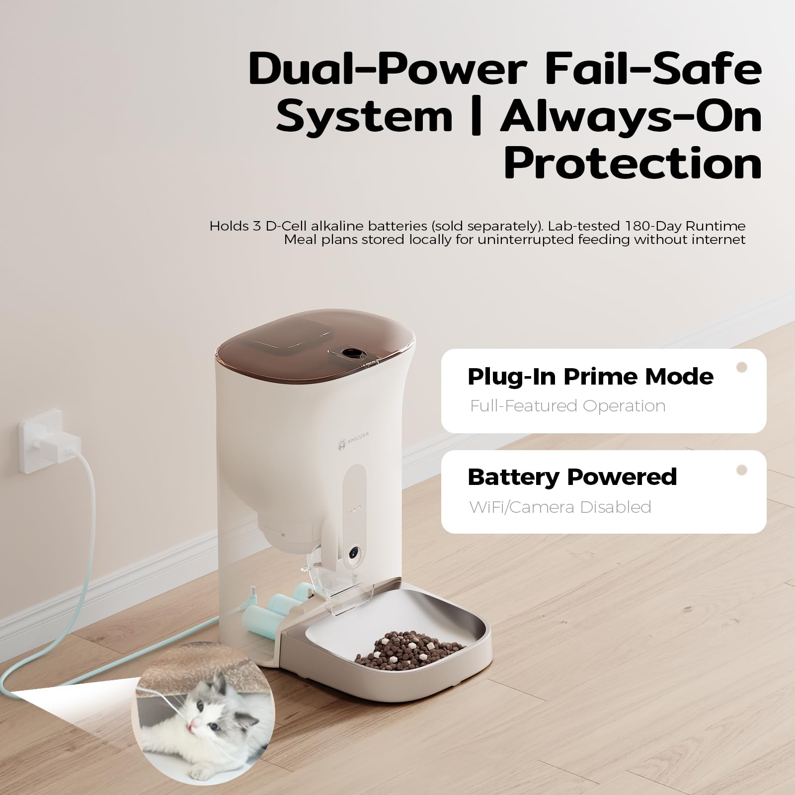 Amicura F1 PRO dual power supports uninterrupted feeding during outages.