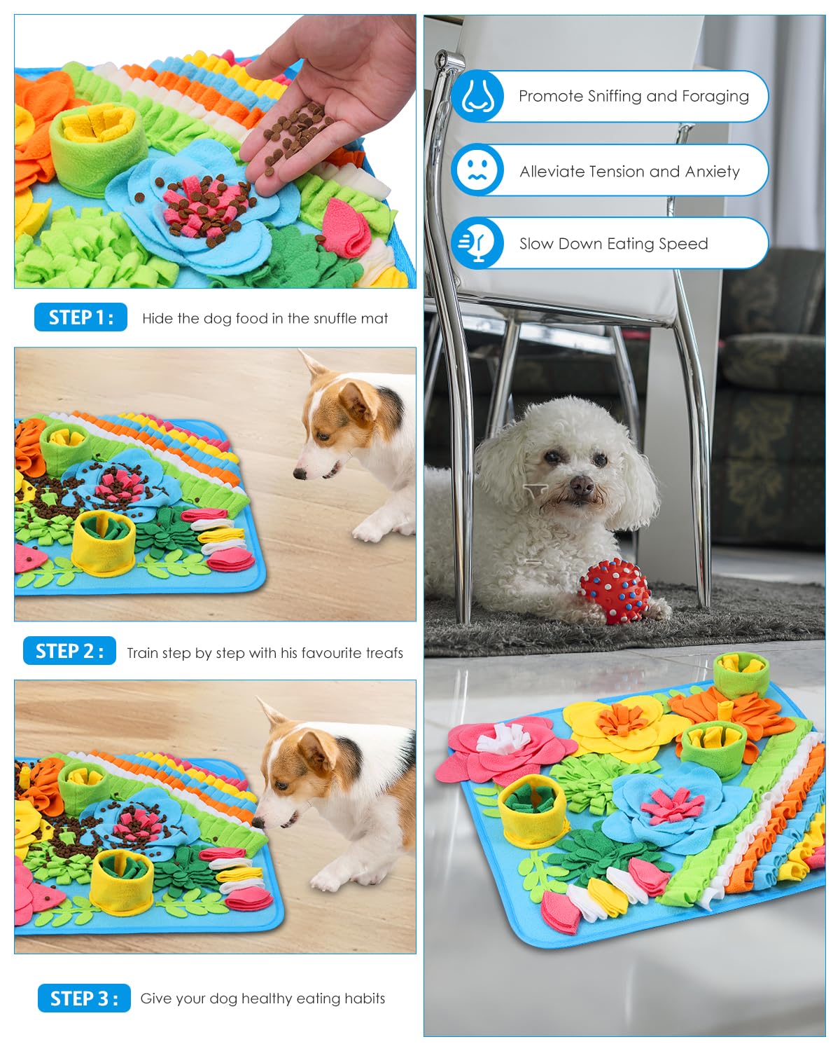 AMIR Snuffle Mat slow-feeding design promotes relaxed, engaging meals