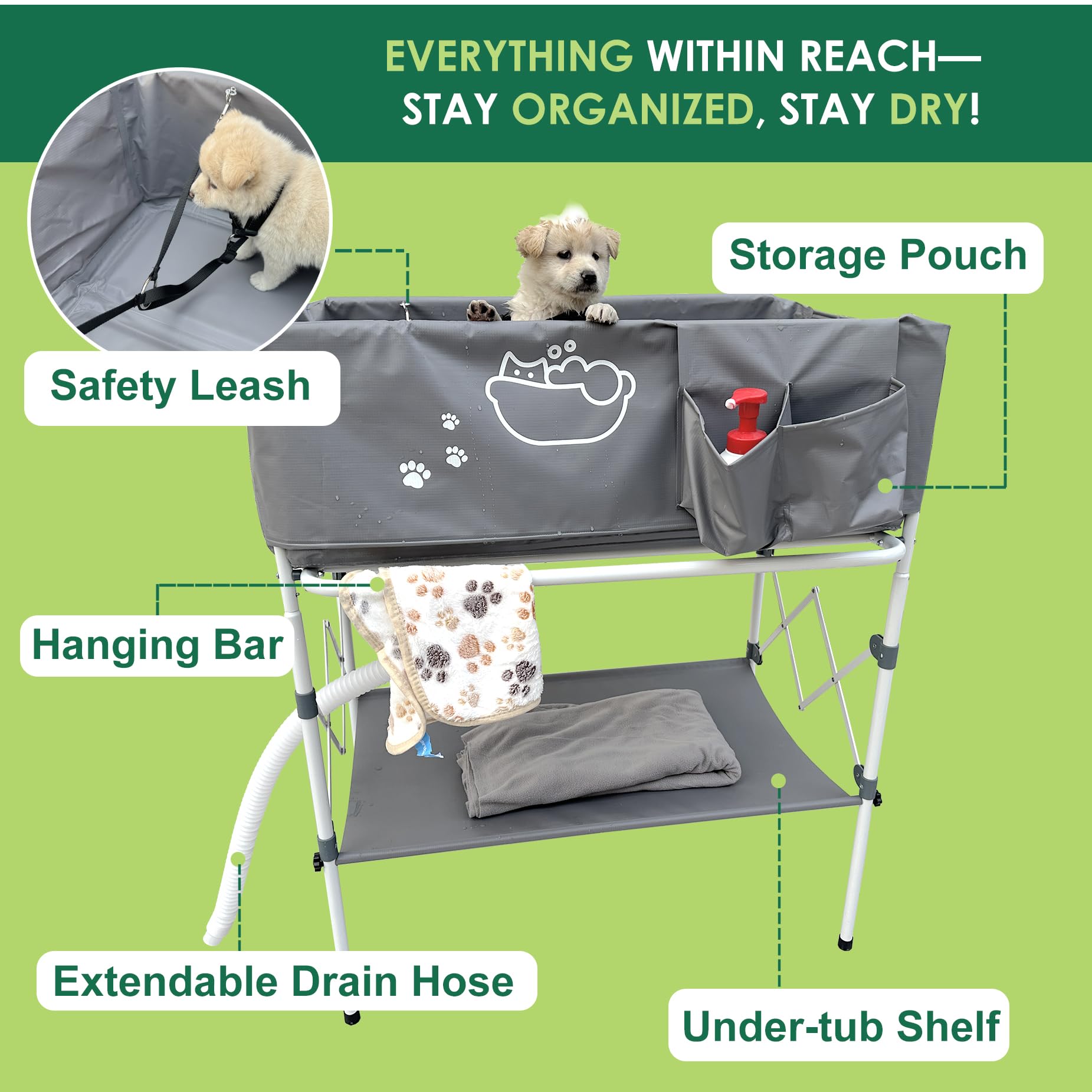 Amlmpet dog bath tub with towel bar and storage keeps supplies handy