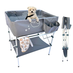 Amlmpet elevated dog bathtub stand provides comfortable, back-friendly grooming at home