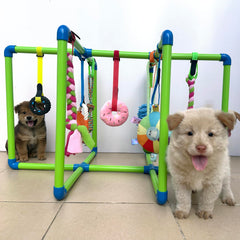 Amlmpet Puppy Play Gym side view highlighting adjustable straps for growing puppies.