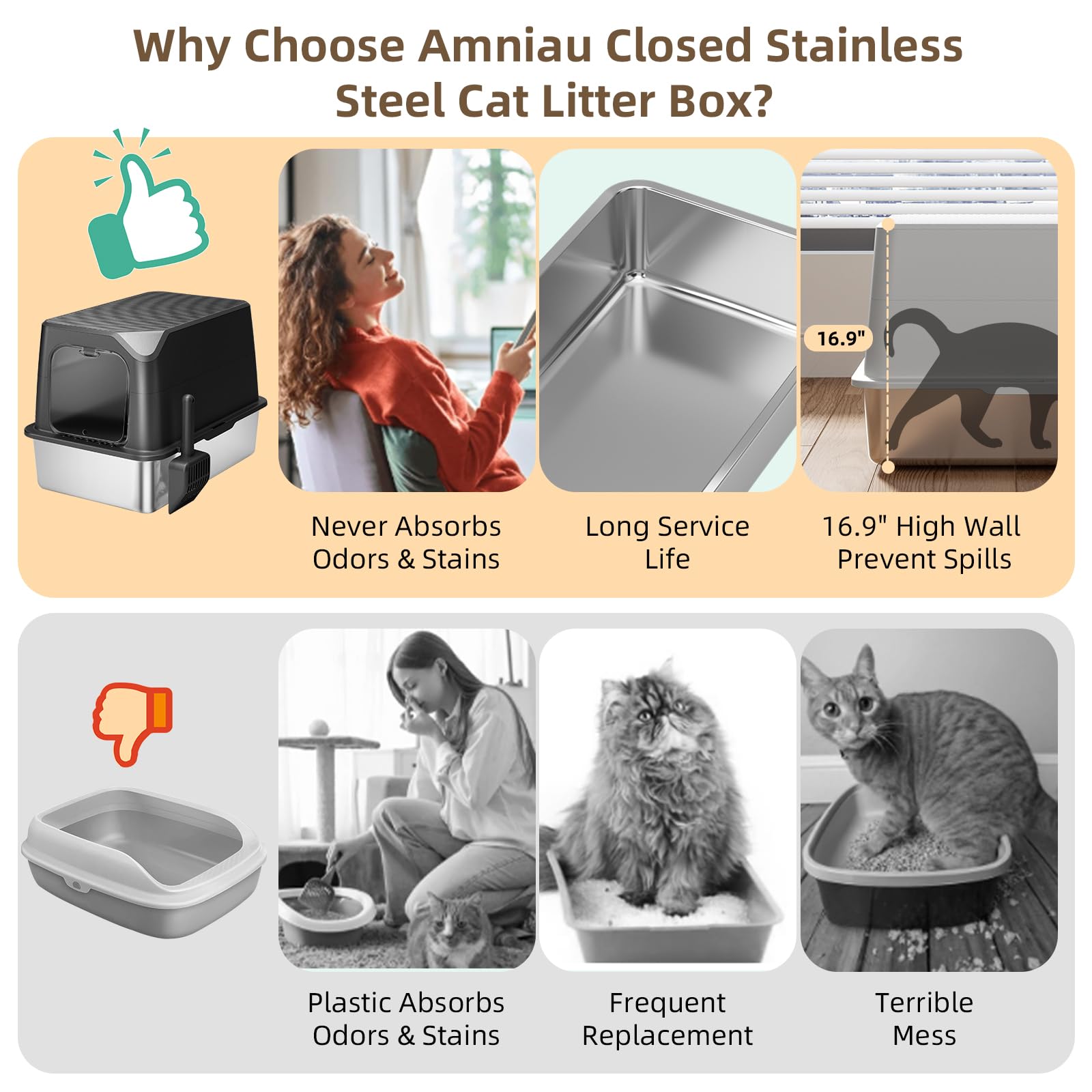 Amniau stainless steel litter box enclosure supports privacy and airflow