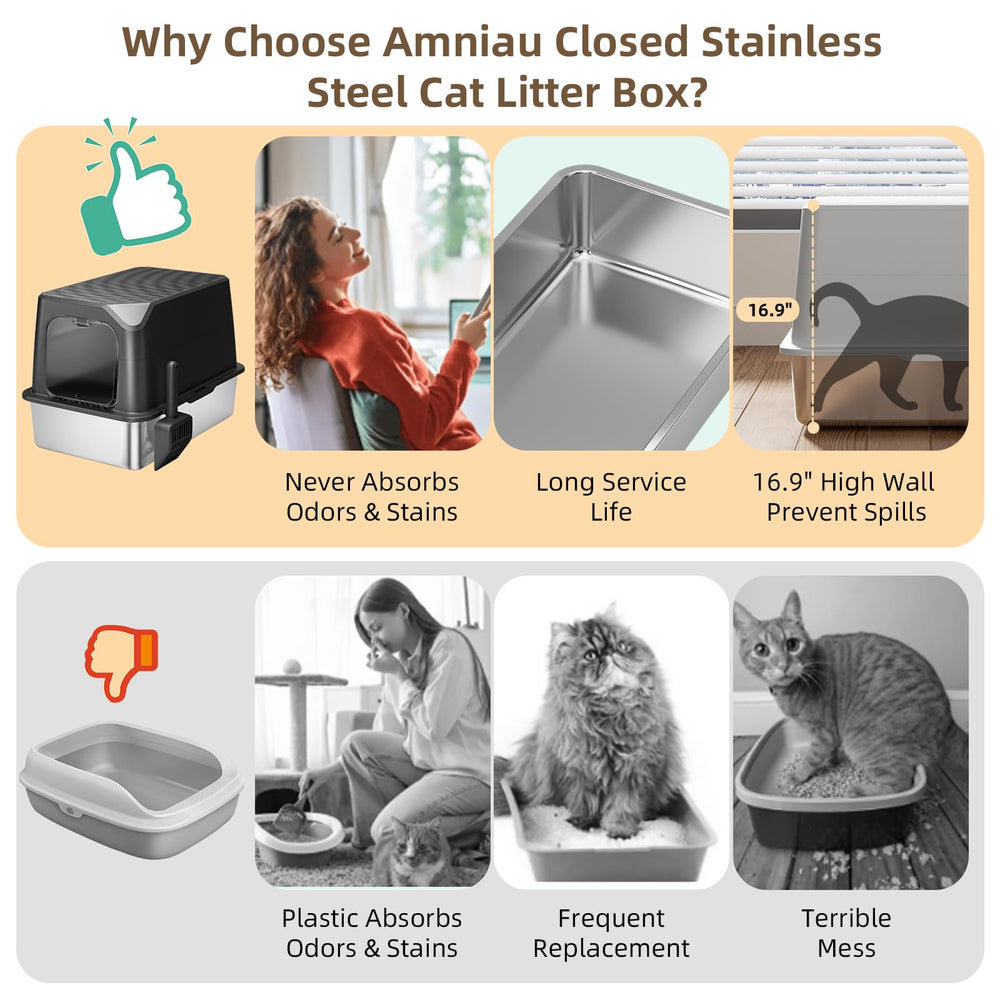 Amniau stainless steel litter box enclosure supports privacy and airflow