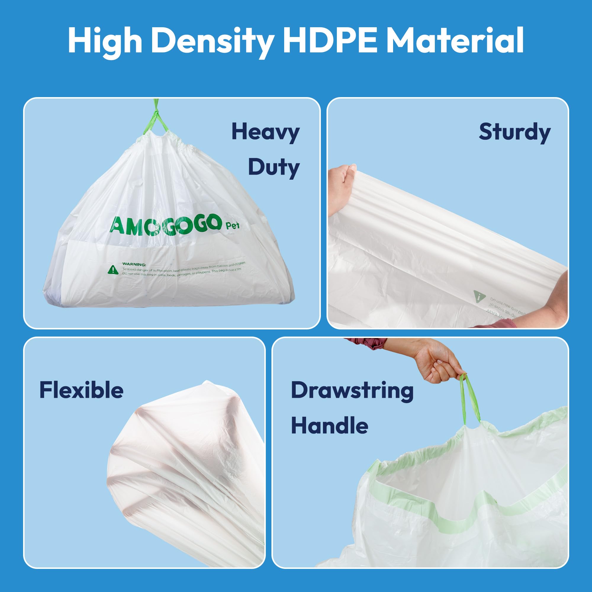 AMOGOGOPET drawstring closure highlight demonstrates secure sealing and mess-free disposal