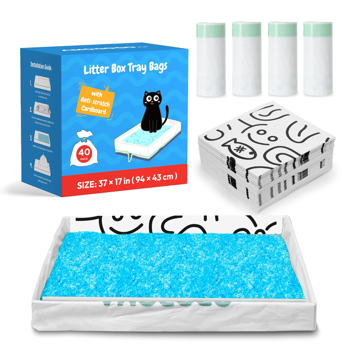 AMOGOGOPET litter bags setup view shows crystal-tray compatibility for easy changes