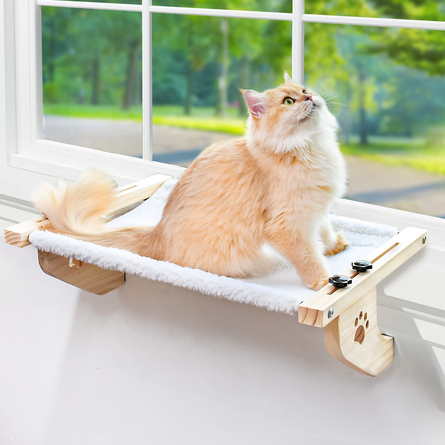 AMOSIJOY cat sill window perch with wood frame—sturdy sunbathing space for large cats.