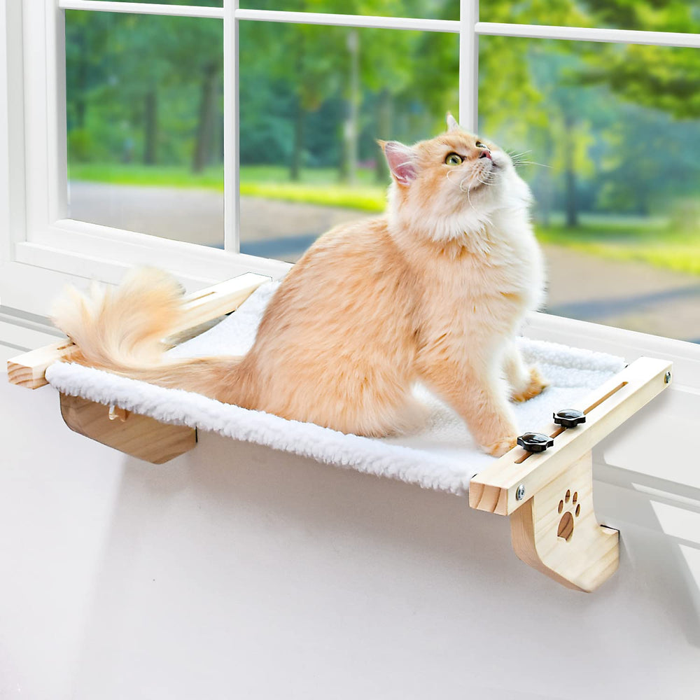 AMOSIJOY cat sill window perch with wood frame—sturdy sunbathing space for large cats.