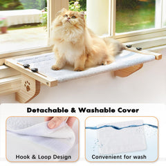 AMOSIJOY cat window hammock shows quick adjustment for varied window sills.