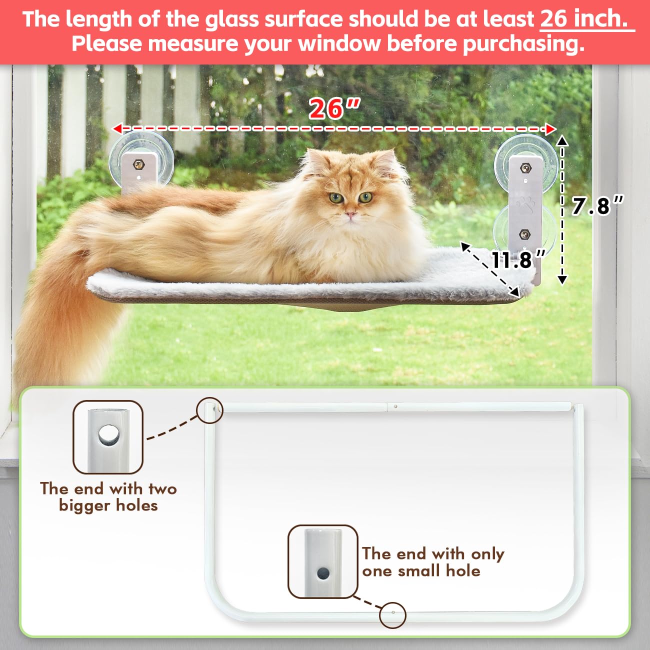 AMOSIJOY cat window perch with four suction cups securely mounted.