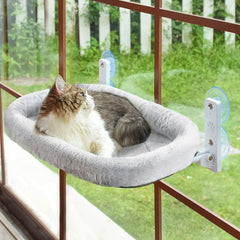AMOSIJOY cordless cat window perch setup shows stable mounting for sun-loving indoor cats.