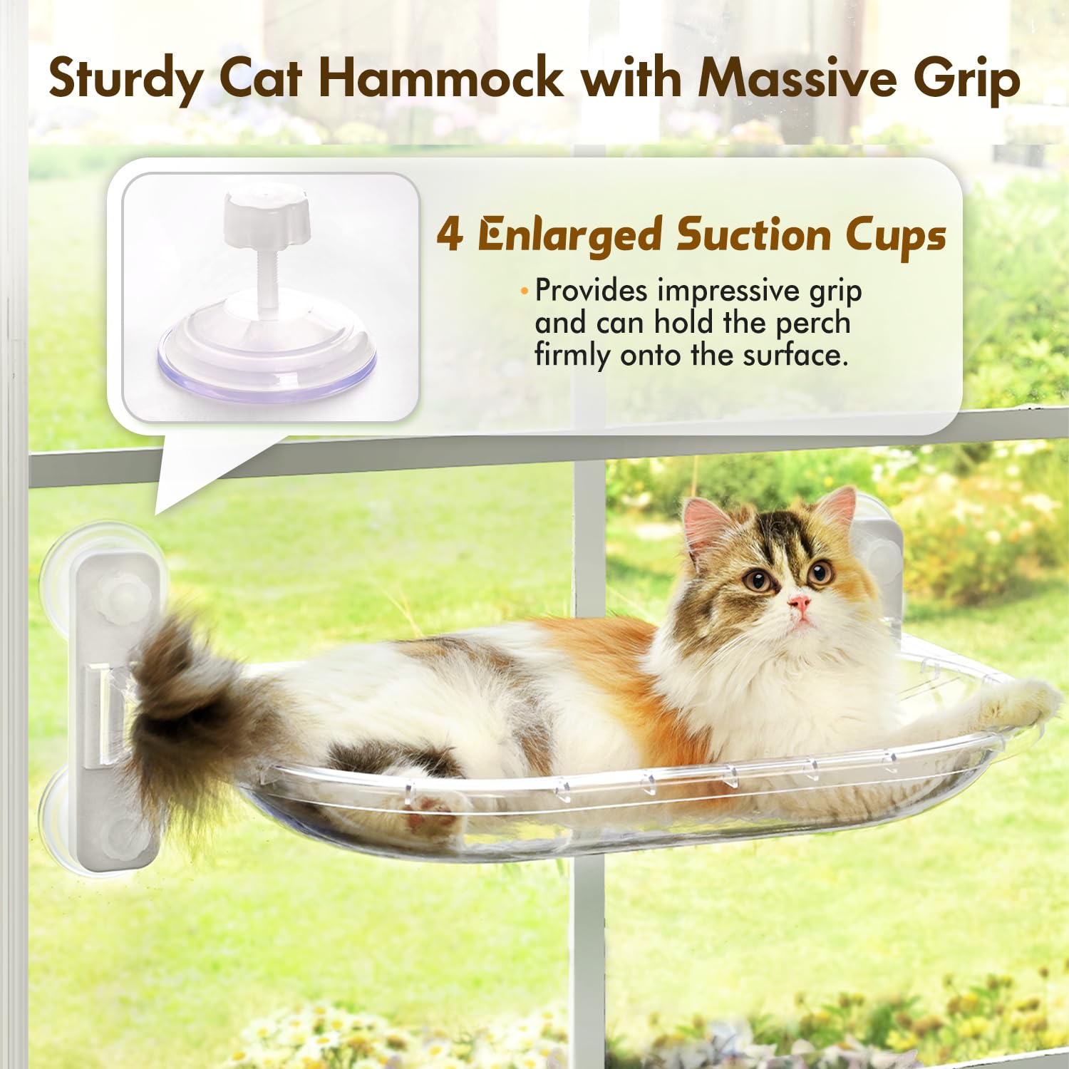 AMOSIJOY four enlarged suction cups anchor the perch firmly to glass.