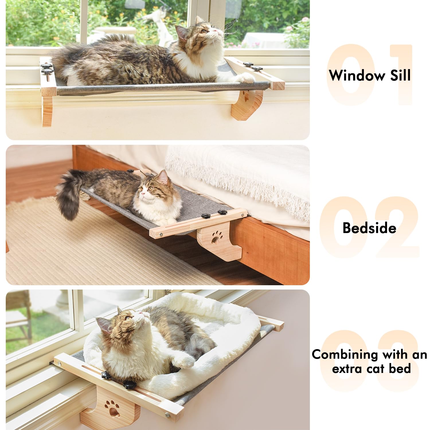 AMOSIJOY cat sill perch adapts to bedside or cabinet placements.