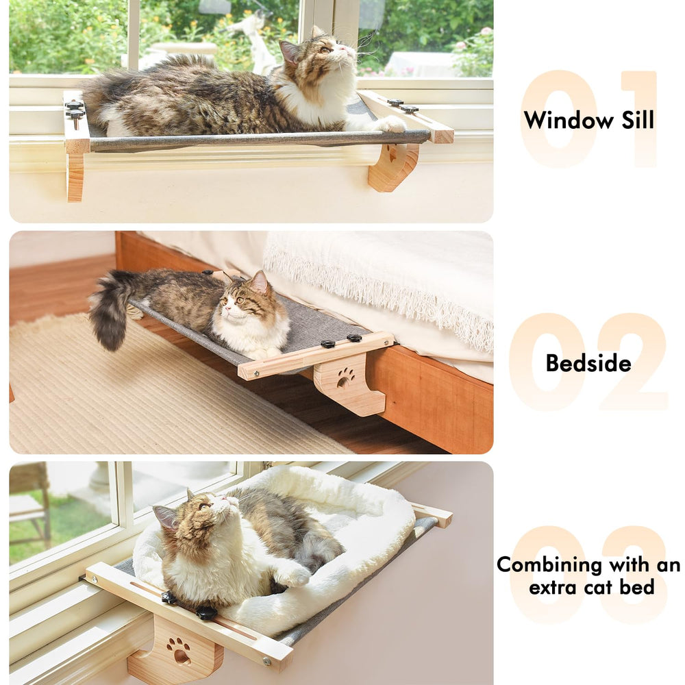 AMOSIJOY cat sill perch adapts to bedside or cabinet placements.