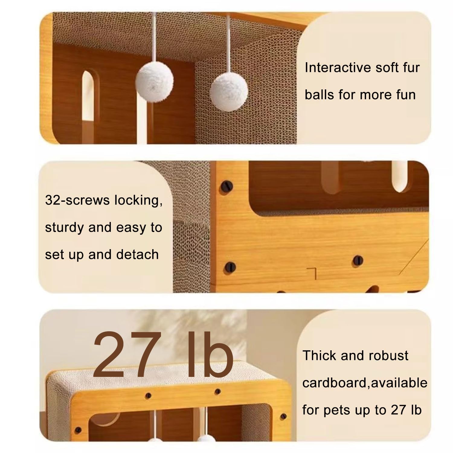AMYESE Cat Scratcher Cardboard House easy-assembly with locking screws.