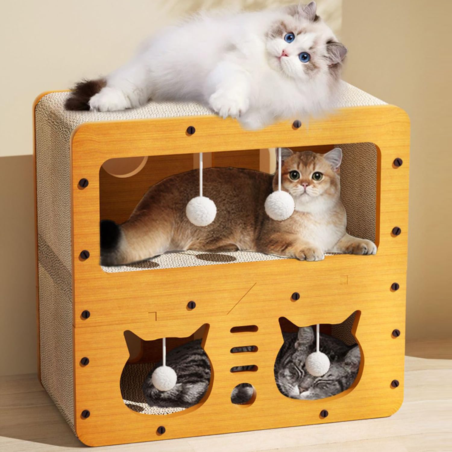 AMYESE Cat Scratcher Cardboard House front view offers a cozy two-floor lounge.