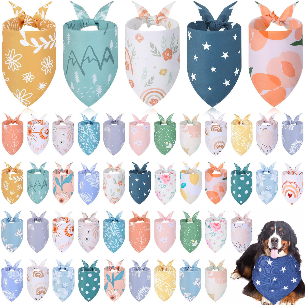 Amylove 50-pcs dog bandanas in packaging for bulk color options and quick styling.