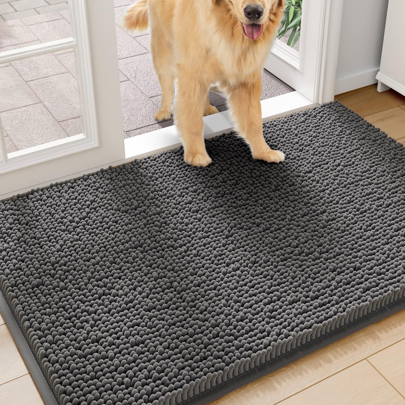 Amyracel dirt trapping door mat front view showcases plush chenille for muddy paws