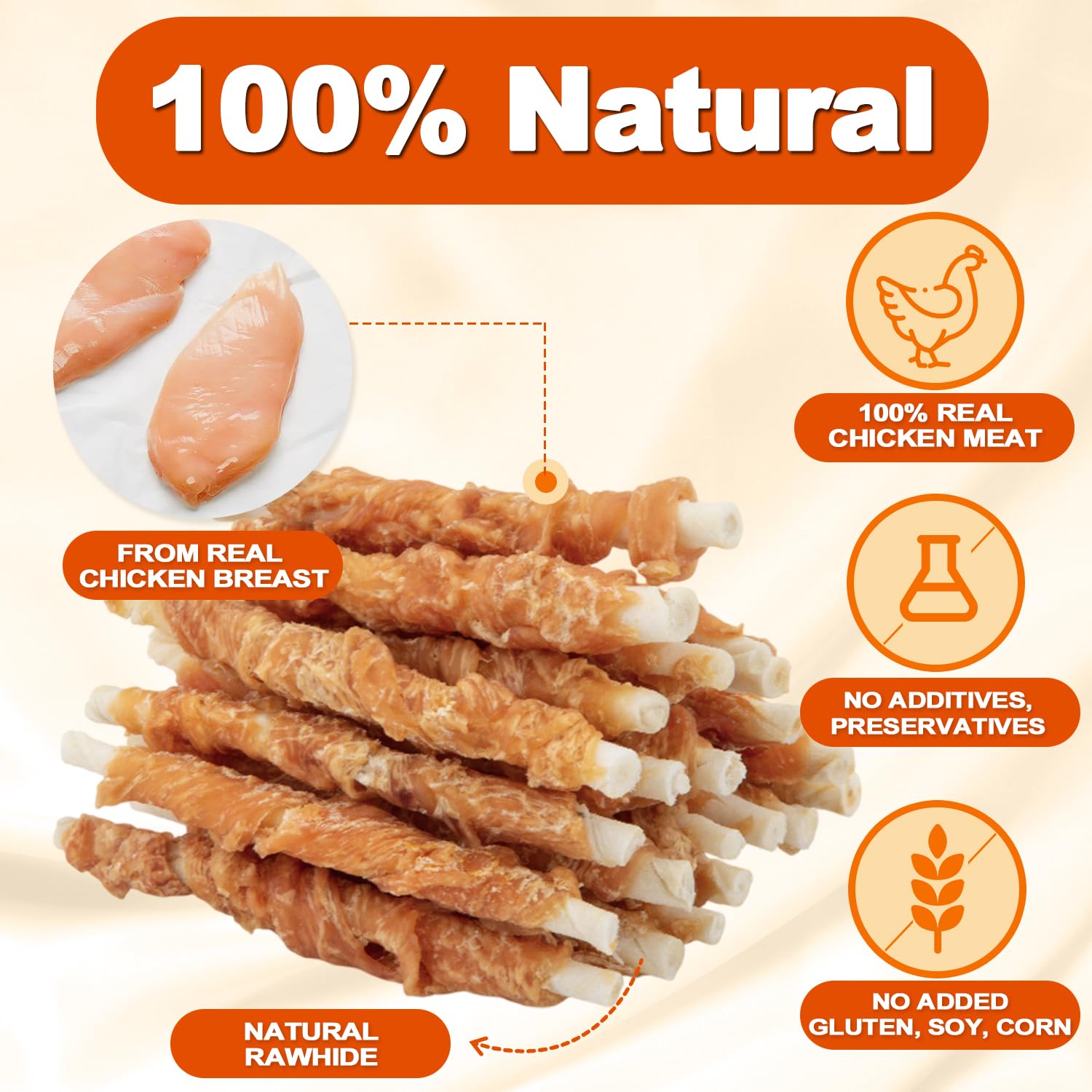 Amzey 24oz chicken wrapped rawhide twists close-up shows natural chicken coating.
