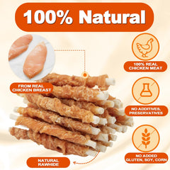 Amzey 24oz chicken wrapped rawhide twists close-up shows natural chicken coating.