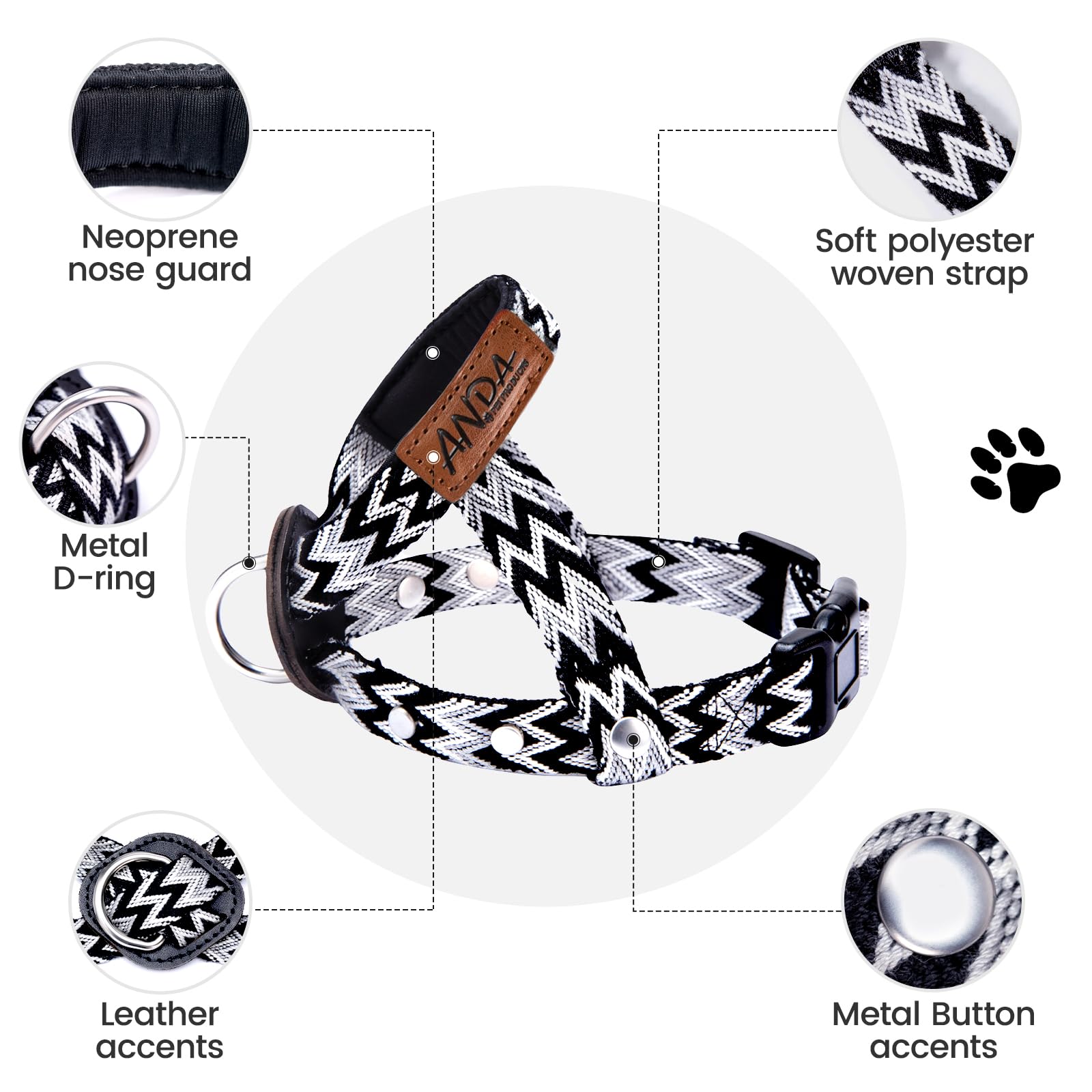 ANDA Gentle Leader neck area shows secure fit for dogs of all sizes