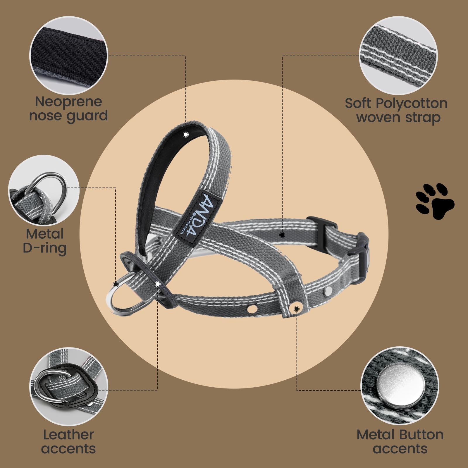 ANDA headcollar close-up with breathable strap highlights soft neoprene nose pad for gentle wear.