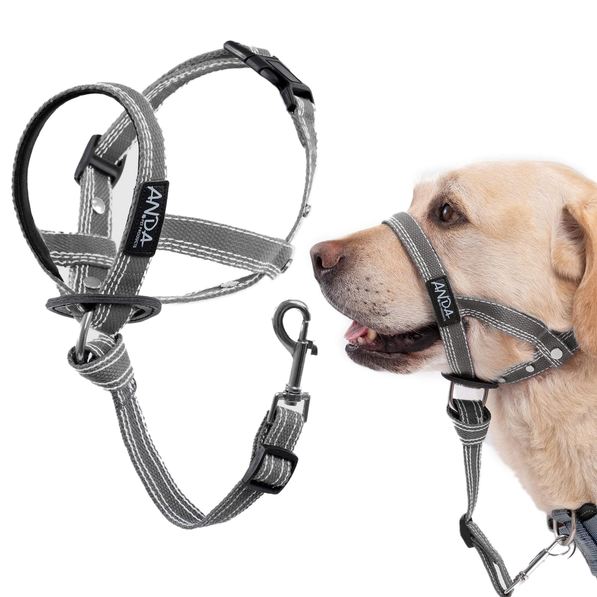 ANDA Ultra-Light No-Pull Headcollar gray close-up for comfortable walks.