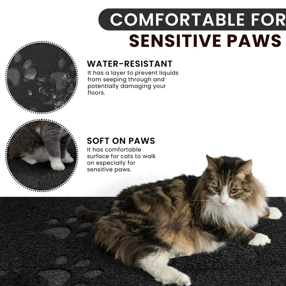 Andalus Brands Jumbo Cat Litter Mat under feeding bowls demonstrates spill-catching utility.