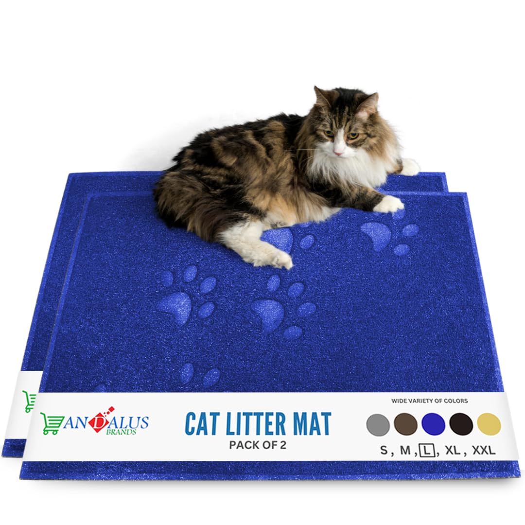 Andalus Brands large cat litter mat front view shows two blue mats trapping litter.