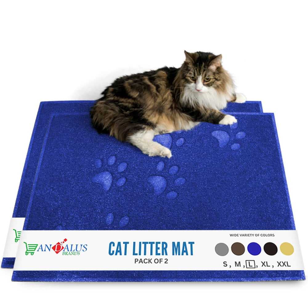 Andalus Brands large cat litter mat front view shows two blue mats trapping litter.