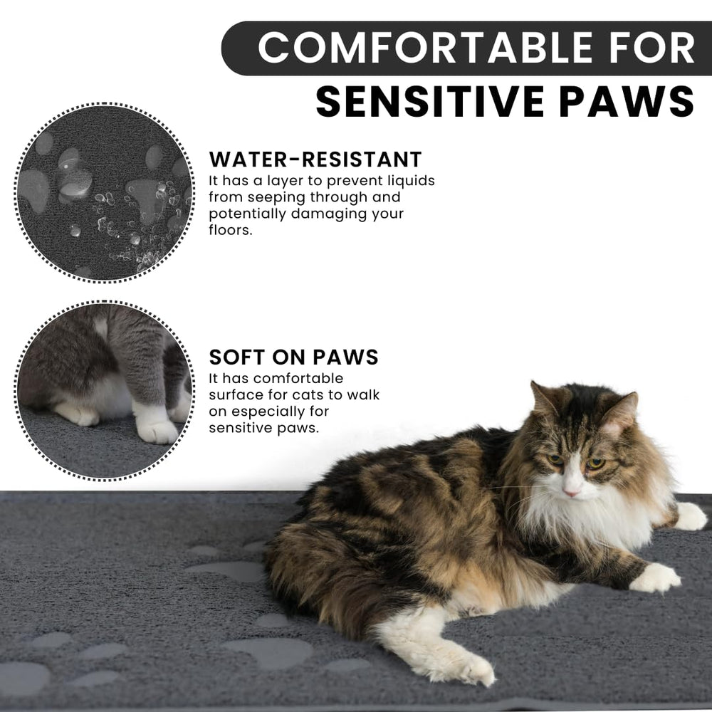 Andalus Litter Mat under feeding bowls catches spills for a cleaner feeding area.