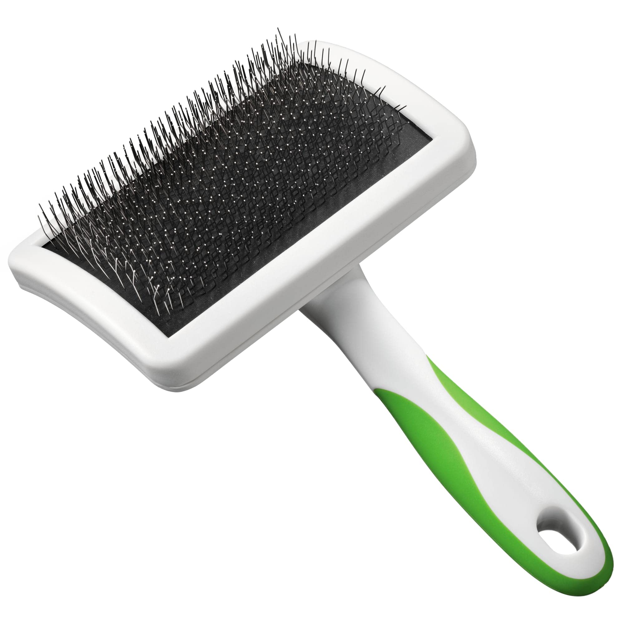 Andis 65710 curved-bristles closeup shows undercoat penetration and knot removal.